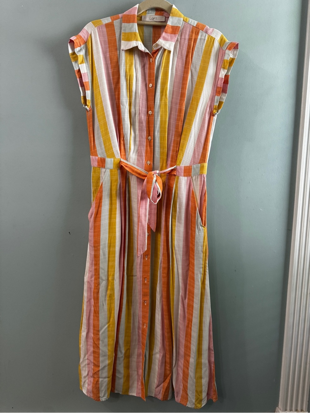 LOFT Striped Tie-Waist Button-Front Dress in Coral, Yellow & White